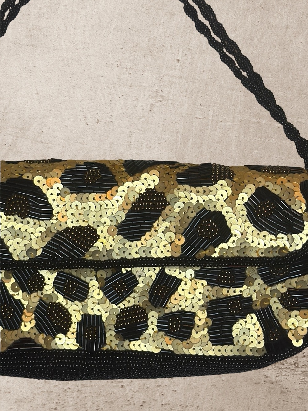 Inge Christopher Sequin Beaded Leopard Print Clutch Shoulder Bag Black Gold - Picture 4 of 13